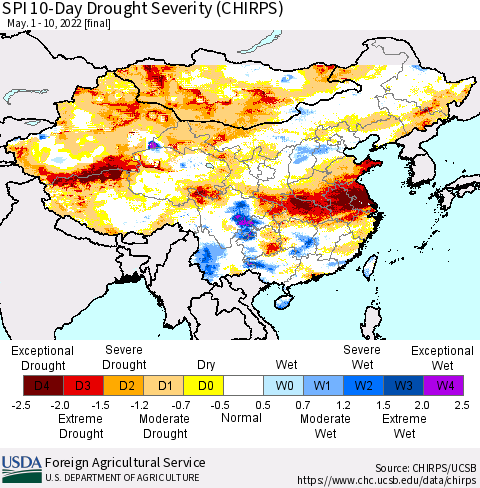 China, Mongolia and Taiwan SPI 10-Day Drought Severity (CHIRPS) Thematic Map For 5/1/2022 - 5/10/2022
