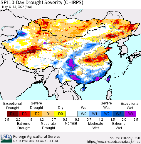 China, Mongolia and Taiwan SPI 10-Day Drought Severity (CHIRPS) Thematic Map For 5/6/2022 - 5/15/2022