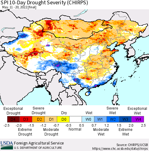 China, Mongolia and Taiwan SPI 10-Day Drought Severity (CHIRPS) Thematic Map For 5/11/2022 - 5/20/2022
