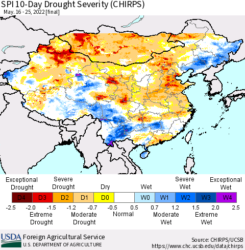 China, Mongolia and Taiwan SPI 10-Day Drought Severity (CHIRPS) Thematic Map For 5/16/2022 - 5/25/2022