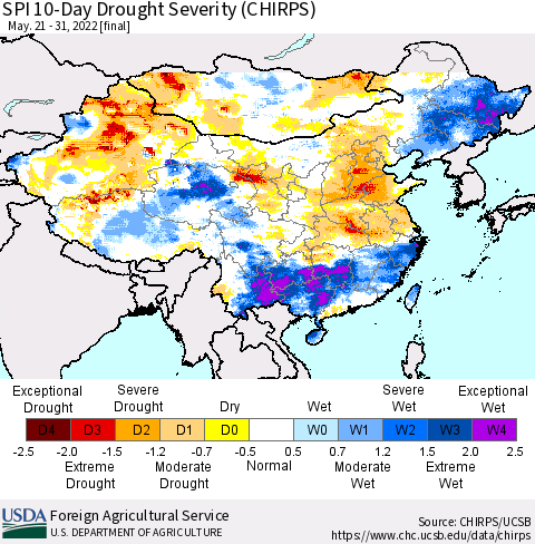 China, Mongolia and Taiwan SPI 10-Day Drought Severity (CHIRPS) Thematic Map For 5/21/2022 - 5/31/2022
