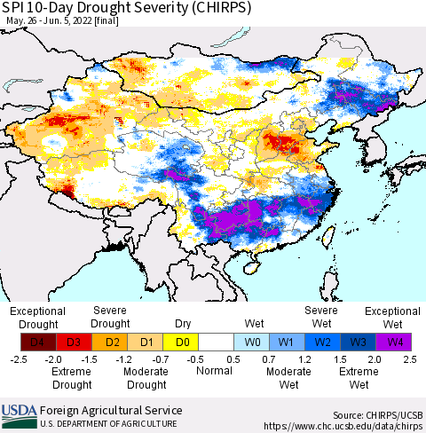 China, Mongolia and Taiwan SPI 10-Day Drought Severity (CHIRPS) Thematic Map For 5/26/2022 - 6/5/2022