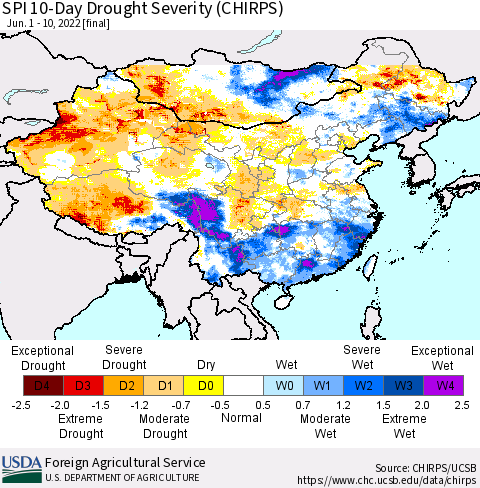 China, Mongolia and Taiwan SPI 10-Day Drought Severity (CHIRPS) Thematic Map For 6/1/2022 - 6/10/2022