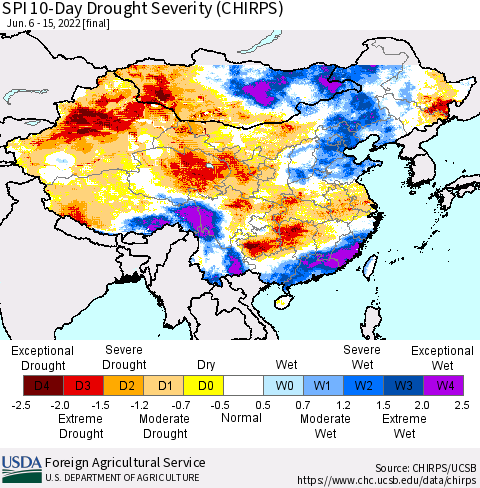 China, Mongolia and Taiwan SPI 10-Day Drought Severity (CHIRPS) Thematic Map For 6/6/2022 - 6/15/2022