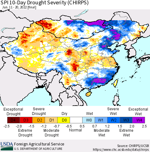 China, Mongolia and Taiwan SPI 10-Day Drought Severity (CHIRPS) Thematic Map For 6/11/2022 - 6/20/2022