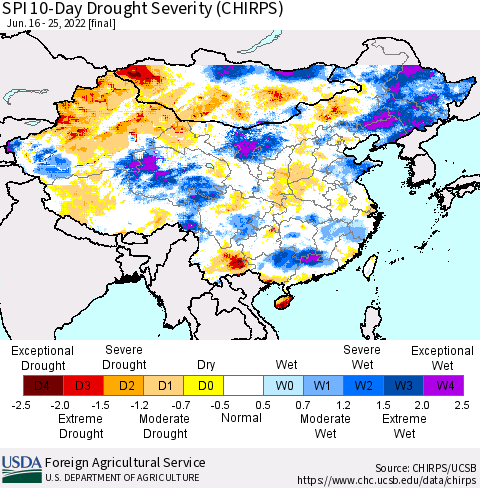 China, Mongolia and Taiwan SPI 10-Day Drought Severity (CHIRPS) Thematic Map For 6/16/2022 - 6/25/2022