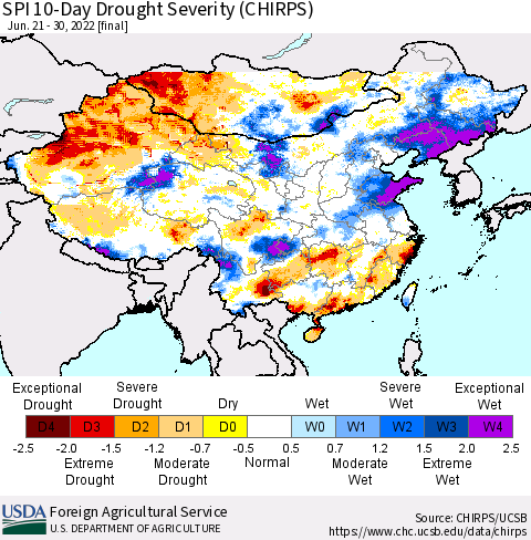 China, Mongolia and Taiwan SPI 10-Day Drought Severity (CHIRPS) Thematic Map For 6/21/2022 - 6/30/2022