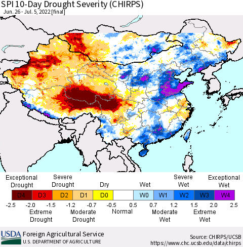 China, Mongolia and Taiwan SPI 10-Day Drought Severity (CHIRPS) Thematic Map For 6/26/2022 - 7/5/2022