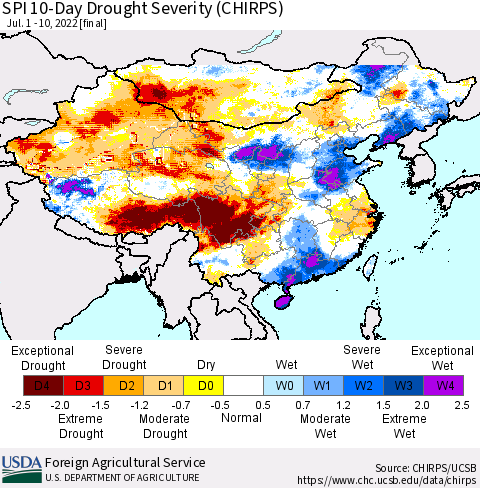 China, Mongolia and Taiwan SPI 10-Day Drought Severity (CHIRPS) Thematic Map For 7/1/2022 - 7/10/2022