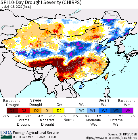 China, Mongolia and Taiwan SPI 10-Day Drought Severity (CHIRPS) Thematic Map For 7/6/2022 - 7/15/2022