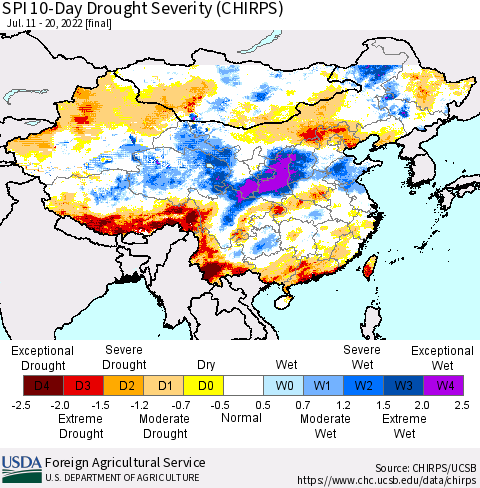 China, Mongolia and Taiwan SPI 10-Day Drought Severity (CHIRPS) Thematic Map For 7/11/2022 - 7/20/2022
