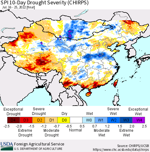 China, Mongolia and Taiwan SPI 10-Day Drought Severity (CHIRPS) Thematic Map For 7/16/2022 - 7/25/2022