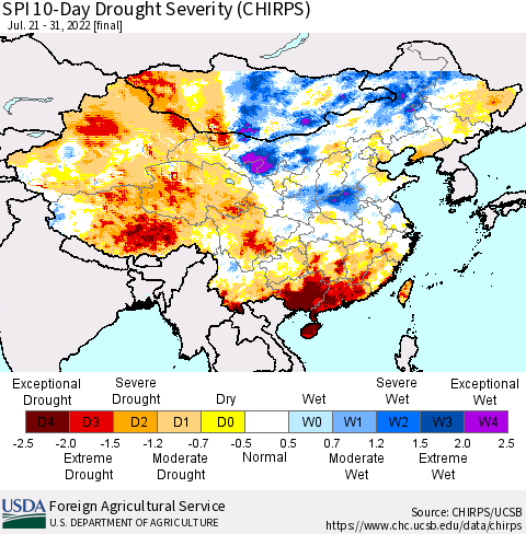 China, Mongolia and Taiwan SPI 10-Day Drought Severity (CHIRPS) Thematic Map For 7/21/2022 - 7/31/2022