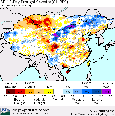 China, Mongolia and Taiwan SPI 10-Day Drought Severity (CHIRPS) Thematic Map For 7/26/2022 - 8/5/2022