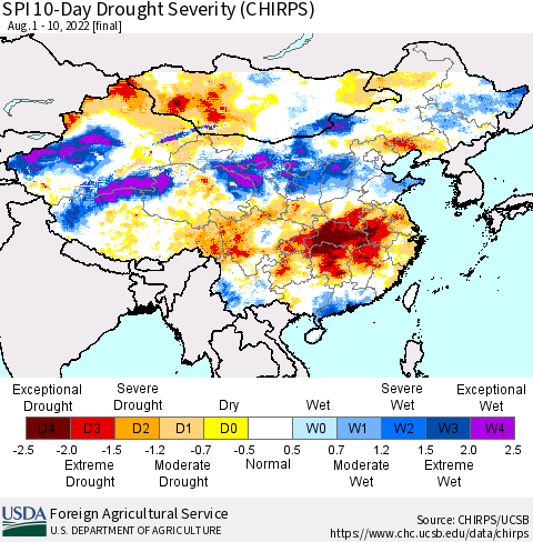 China, Mongolia and Taiwan SPI 10-Day Drought Severity (CHIRPS) Thematic Map For 8/1/2022 - 8/10/2022