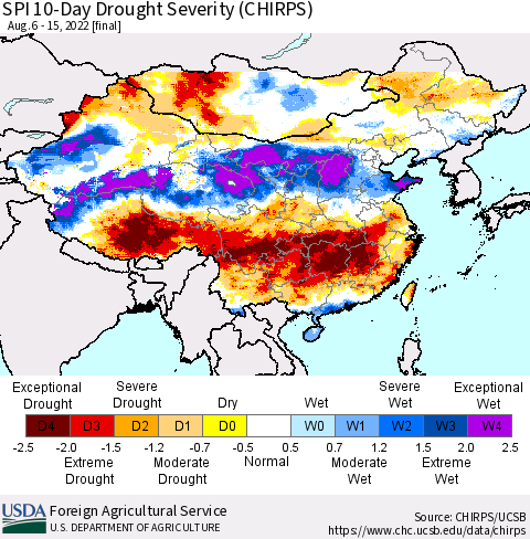 China, Mongolia and Taiwan SPI 10-Day Drought Severity (CHIRPS) Thematic Map For 8/6/2022 - 8/15/2022