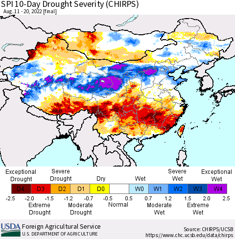 China, Mongolia and Taiwan SPI 10-Day Drought Severity (CHIRPS) Thematic Map For 8/11/2022 - 8/20/2022