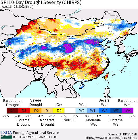 China, Mongolia and Taiwan SPI 10-Day Drought Severity (CHIRPS) Thematic Map For 8/16/2022 - 8/25/2022