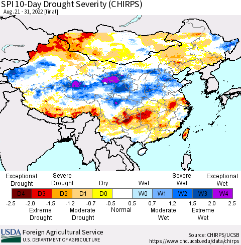 China, Mongolia and Taiwan SPI 10-Day Drought Severity (CHIRPS) Thematic Map For 8/21/2022 - 8/31/2022