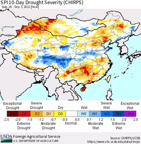 China, Mongolia and Taiwan SPI 10-Day Drought Severity (CHIRPS) Thematic Map For 8/26/2022 - 9/5/2022