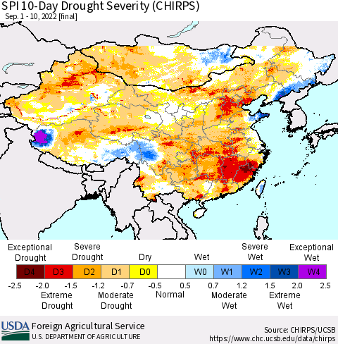 China, Mongolia and Taiwan SPI 10-Day Drought Severity (CHIRPS) Thematic Map For 9/1/2022 - 9/10/2022