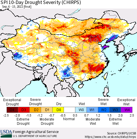 China, Mongolia and Taiwan SPI 10-Day Drought Severity (CHIRPS) Thematic Map For 9/6/2022 - 9/15/2022
