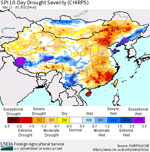China, Mongolia and Taiwan SPI 10-Day Drought Severity (CHIRPS) Thematic Map For 9/11/2022 - 9/20/2022