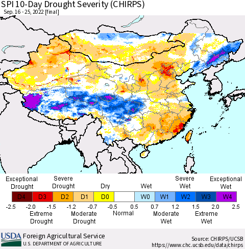 China, Mongolia and Taiwan SPI 10-Day Drought Severity (CHIRPS) Thematic Map For 9/16/2022 - 9/25/2022