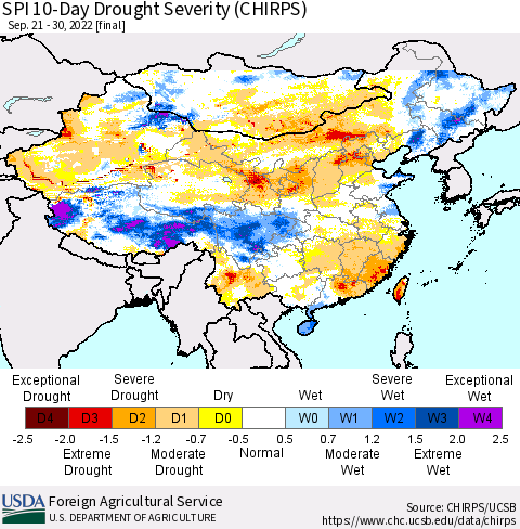 China, Mongolia and Taiwan SPI 10-Day Drought Severity (CHIRPS) Thematic Map For 9/21/2022 - 9/30/2022