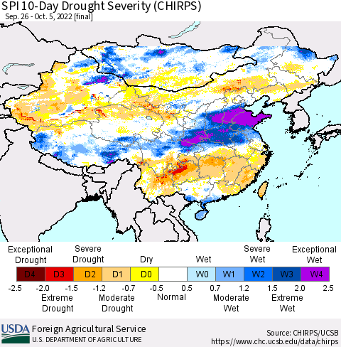 China, Mongolia and Taiwan SPI 10-Day Drought Severity (CHIRPS) Thematic Map For 9/26/2022 - 10/5/2022