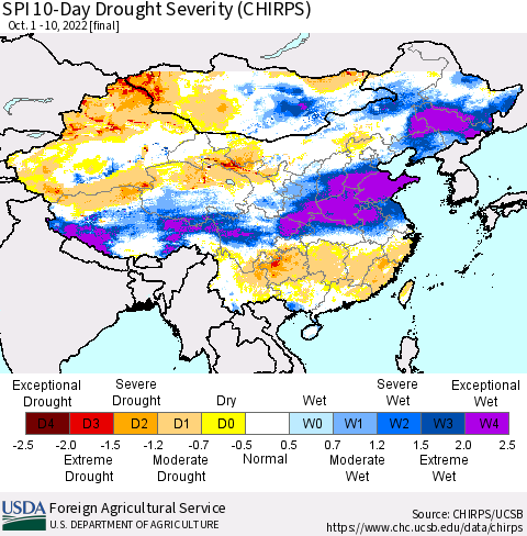 China, Mongolia and Taiwan SPI 10-Day Drought Severity (CHIRPS) Thematic Map For 10/1/2022 - 10/10/2022