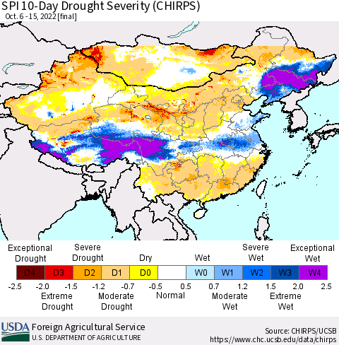 China, Mongolia and Taiwan SPI 10-Day Drought Severity (CHIRPS) Thematic Map For 10/6/2022 - 10/15/2022