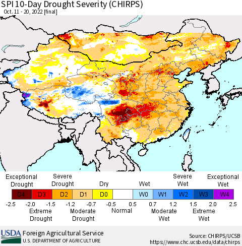 China, Mongolia and Taiwan SPI 10-Day Drought Severity (CHIRPS) Thematic Map For 10/11/2022 - 10/20/2022