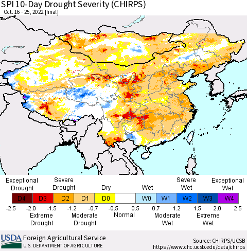 China, Mongolia and Taiwan SPI 10-Day Drought Severity (CHIRPS) Thematic Map For 10/16/2022 - 10/25/2022