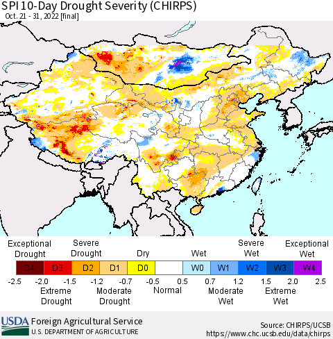 China, Mongolia and Taiwan SPI 10-Day Drought Severity (CHIRPS) Thematic Map For 10/21/2022 - 10/31/2022