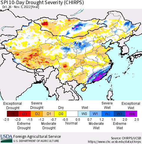 China, Mongolia and Taiwan SPI 10-Day Drought Severity (CHIRPS) Thematic Map For 10/26/2022 - 11/5/2022