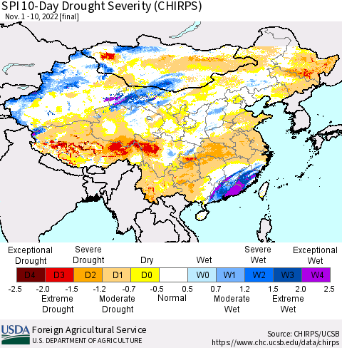 China, Mongolia and Taiwan SPI 10-Day Drought Severity (CHIRPS) Thematic Map For 11/1/2022 - 11/10/2022