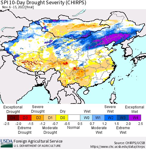 China, Mongolia and Taiwan SPI 10-Day Drought Severity (CHIRPS) Thematic Map For 11/6/2022 - 11/15/2022