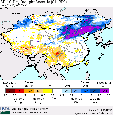 China, Mongolia and Taiwan SPI 10-Day Drought Severity (CHIRPS) Thematic Map For 11/11/2022 - 11/20/2022