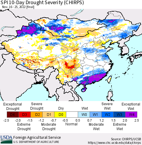China, Mongolia and Taiwan SPI 10-Day Drought Severity (CHIRPS) Thematic Map For 11/16/2022 - 11/25/2022