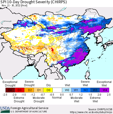 China, Mongolia and Taiwan SPI 10-Day Drought Severity (CHIRPS) Thematic Map For 11/21/2022 - 11/30/2022