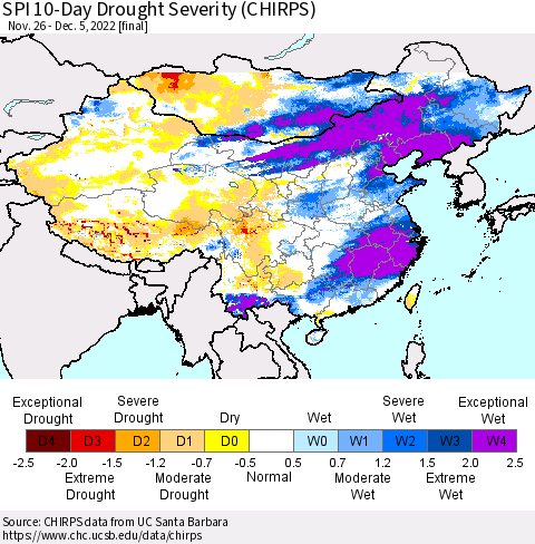 China, Mongolia and Taiwan SPI 10-Day Drought Severity (CHIRPS) Thematic Map For 11/26/2022 - 12/5/2022
