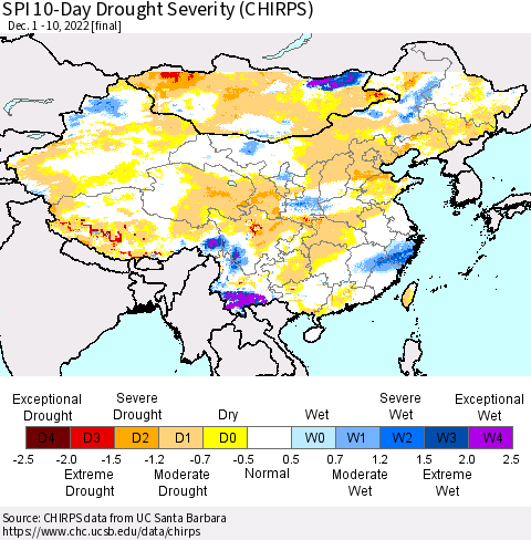 China, Mongolia and Taiwan SPI 10-Day Drought Severity (CHIRPS) Thematic Map For 12/1/2022 - 12/10/2022