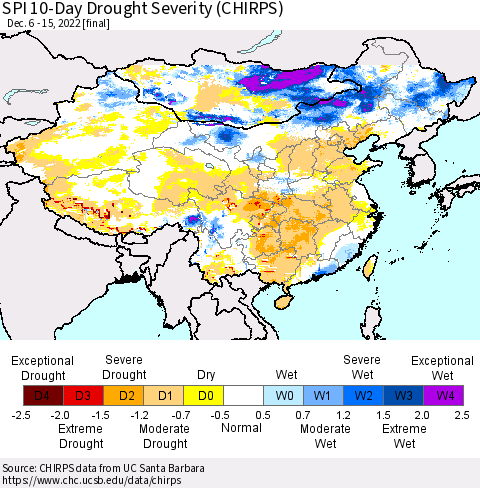 China, Mongolia and Taiwan SPI 10-Day Drought Severity (CHIRPS) Thematic Map For 12/6/2022 - 12/15/2022