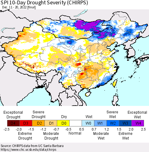 China, Mongolia and Taiwan SPI 10-Day Drought Severity (CHIRPS) Thematic Map For 12/11/2022 - 12/20/2022