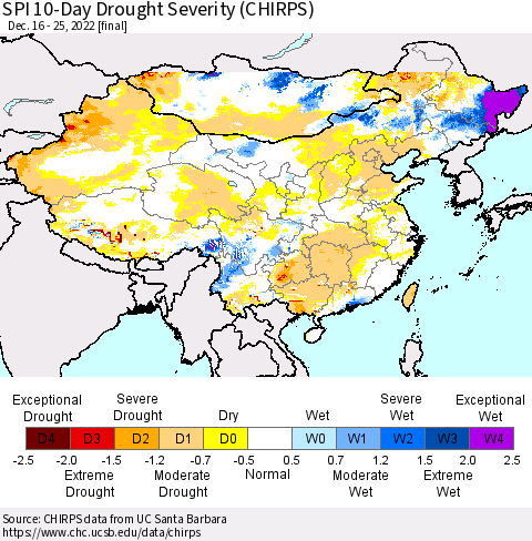 China, Mongolia and Taiwan SPI 10-Day Drought Severity (CHIRPS) Thematic Map For 12/16/2022 - 12/25/2022