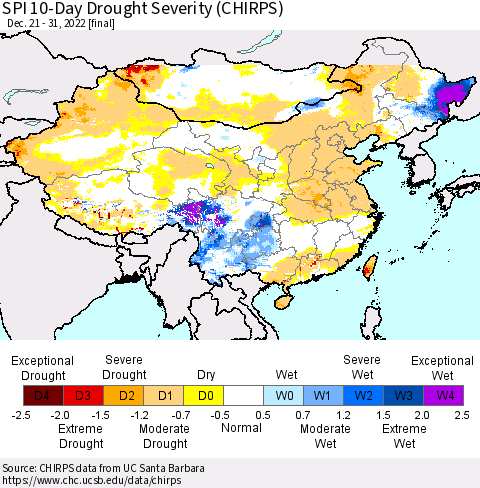 China, Mongolia and Taiwan SPI 10-Day Drought Severity (CHIRPS) Thematic Map For 12/21/2022 - 12/31/2022