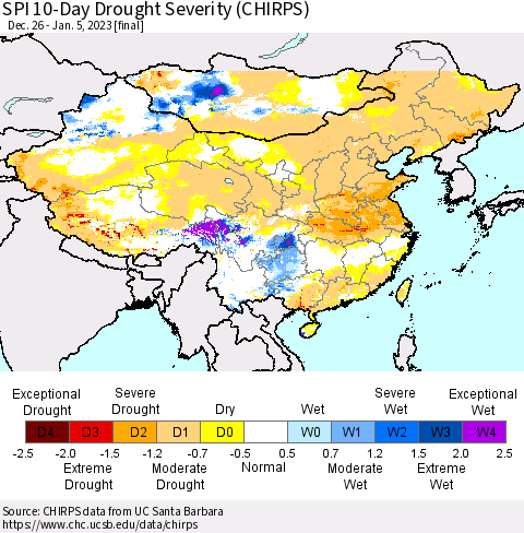 China, Mongolia and Taiwan SPI 10-Day Drought Severity (CHIRPS) Thematic Map For 12/26/2022 - 1/5/2023