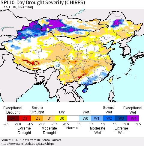 China, Mongolia and Taiwan SPI 10-Day Drought Severity (CHIRPS) Thematic Map For 1/1/2023 - 1/10/2023