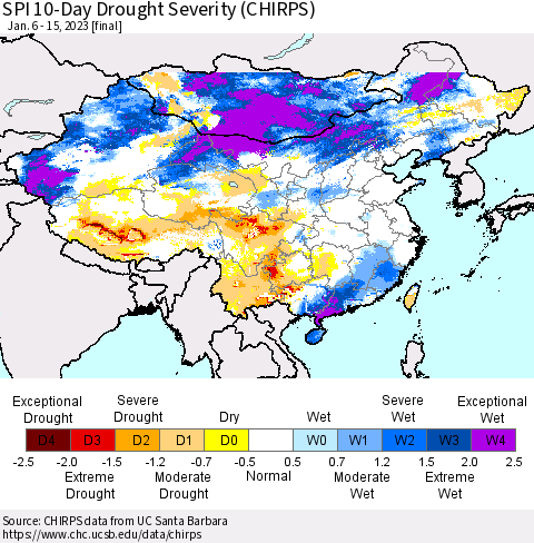 China, Mongolia and Taiwan SPI 10-Day Drought Severity (CHIRPS) Thematic Map For 1/6/2023 - 1/15/2023